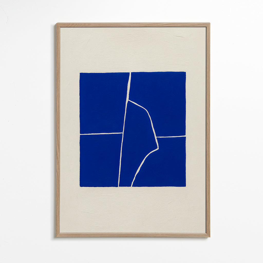 Cuadro abstracto azul con fractura geométrica – Oak Frame