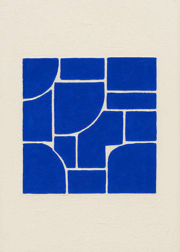 Cuadro geométrico azul con bloques centrales