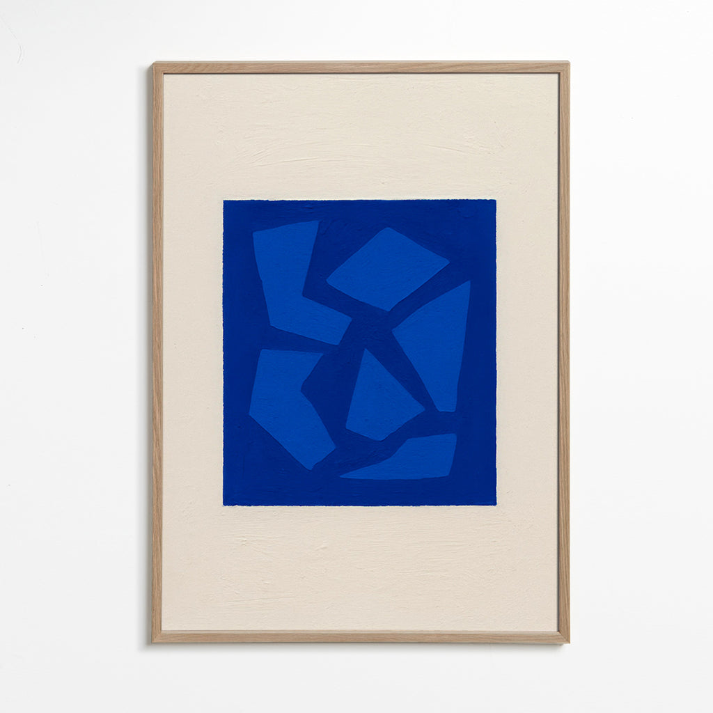 Cuadro abstracto azul con formas fragmentadas – Oak Frame