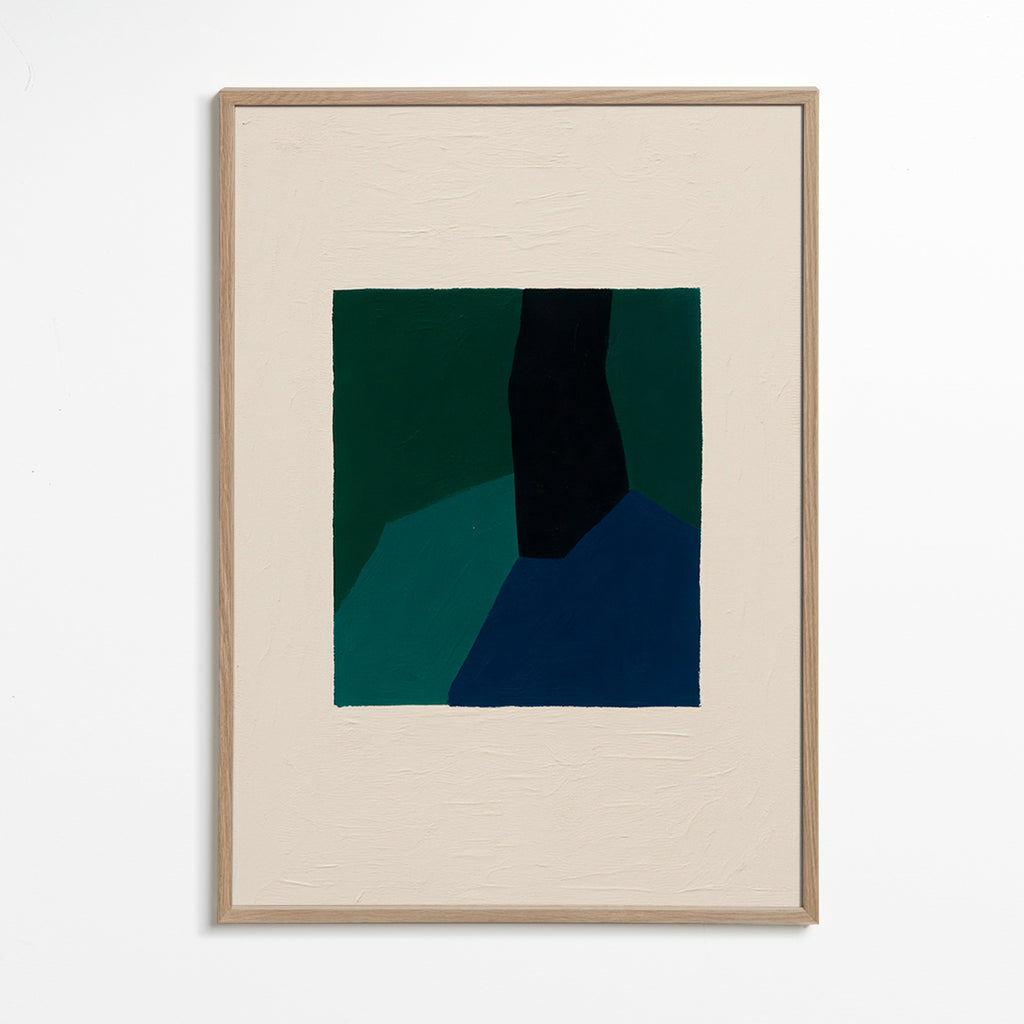 Cuadro abstracto con bloques verdes y azul marino – Oak Frame