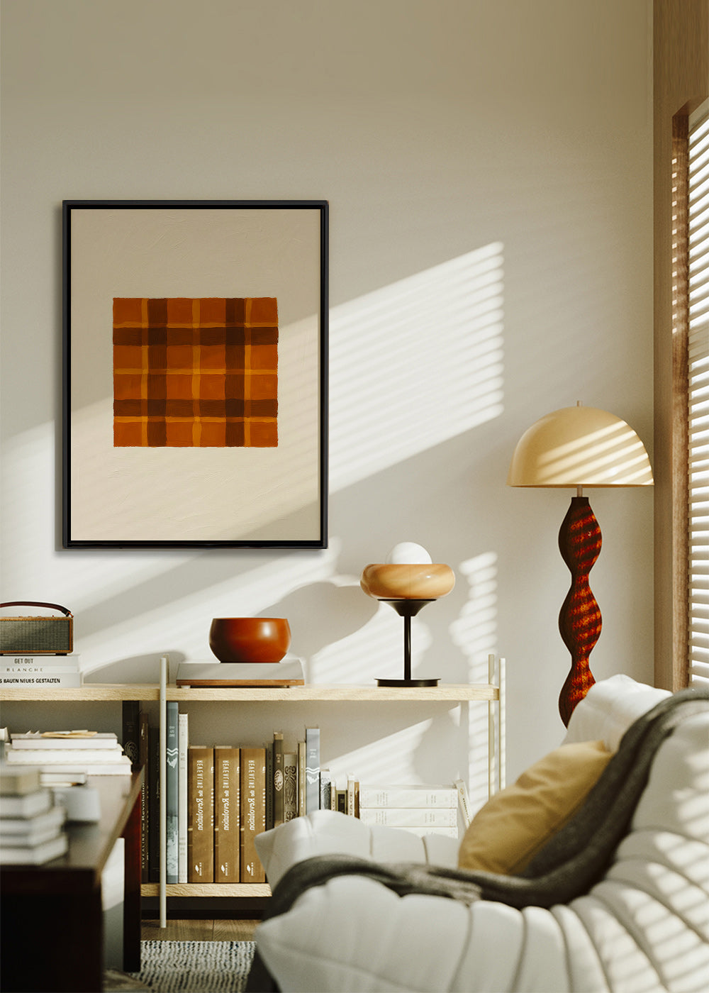 Cuadro geométrico ocre con panel central – Canvas2