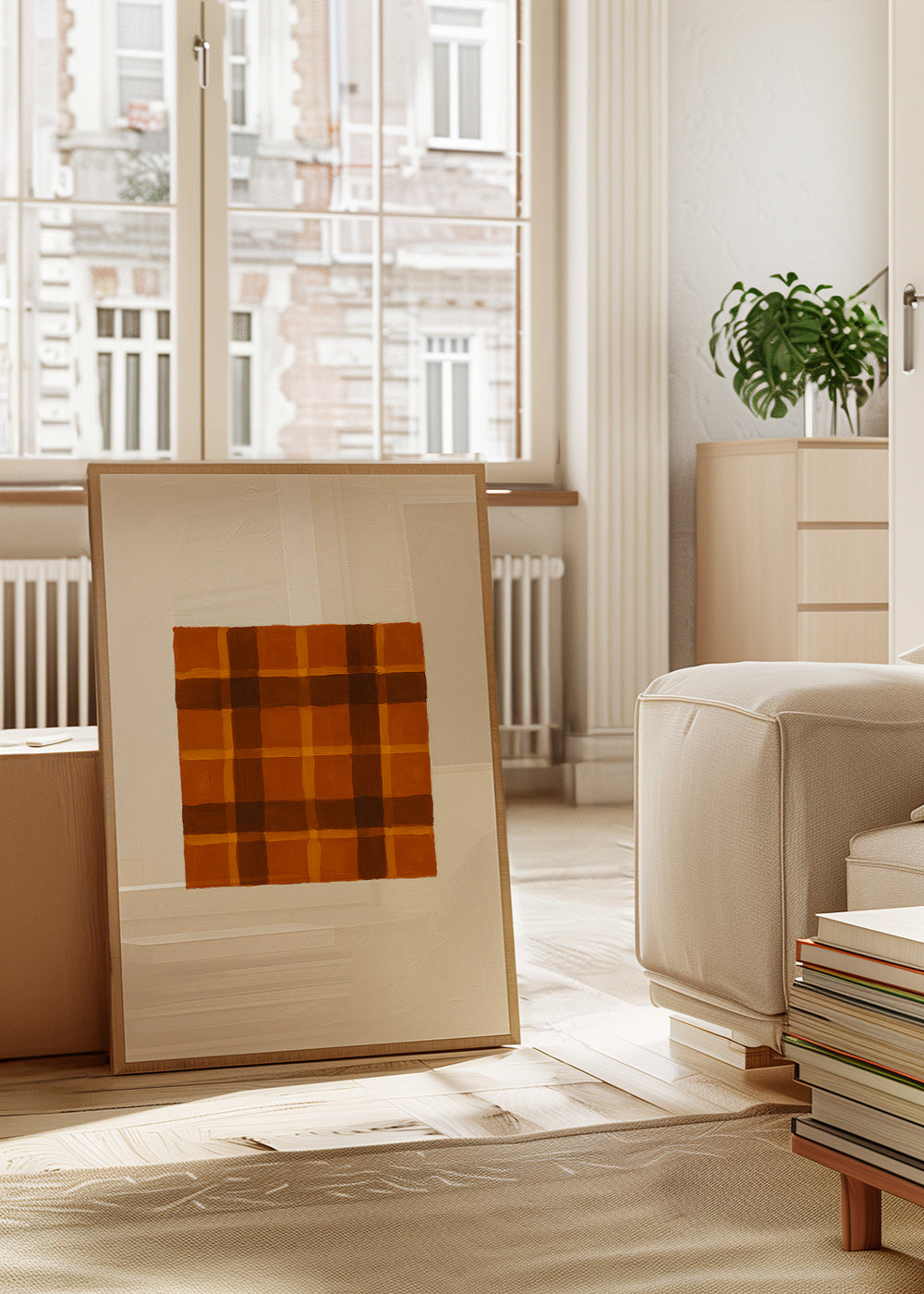 Cuadro geométrico ocre con panel central – Product1