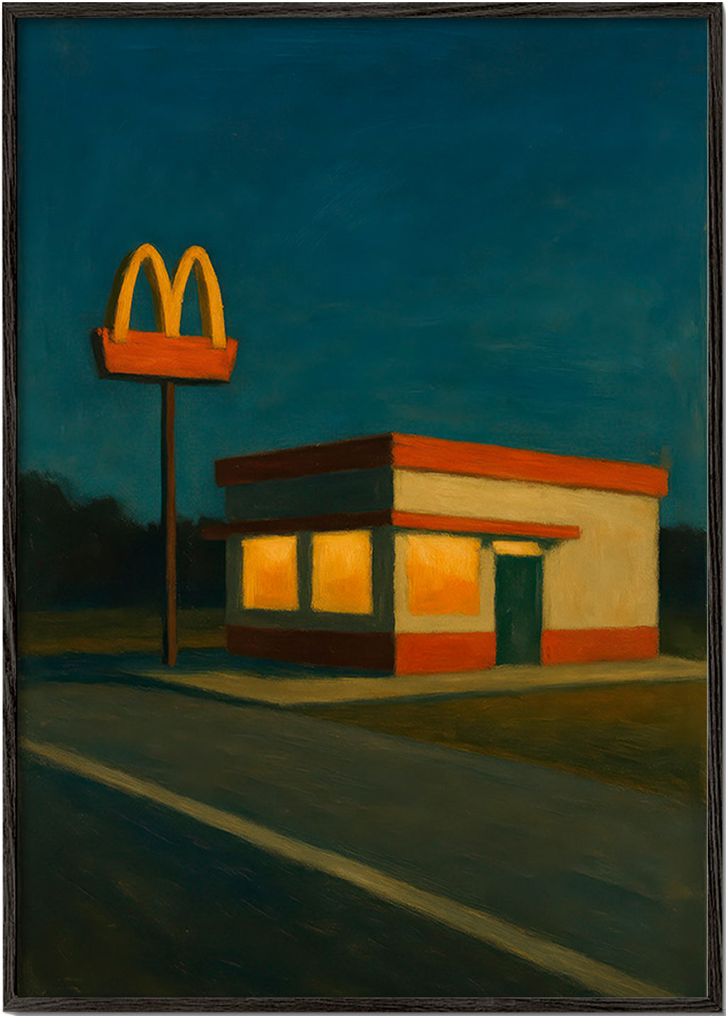 Cuadro de cocina: local nocturno con letrero icónico – Black Frame