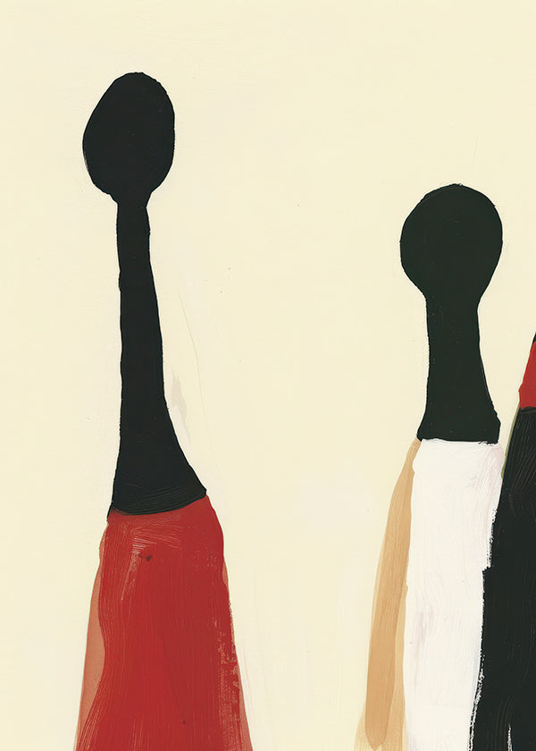 Cuadro abstracto de figuras alargadas en rojo y negro