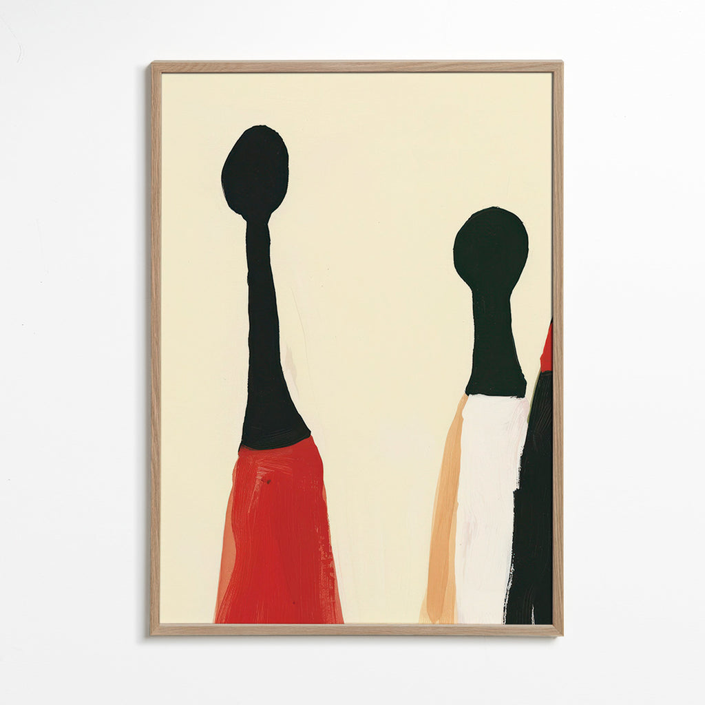 Cuadro abstracto de figuras alargadas en rojo y negro – Oak Frame