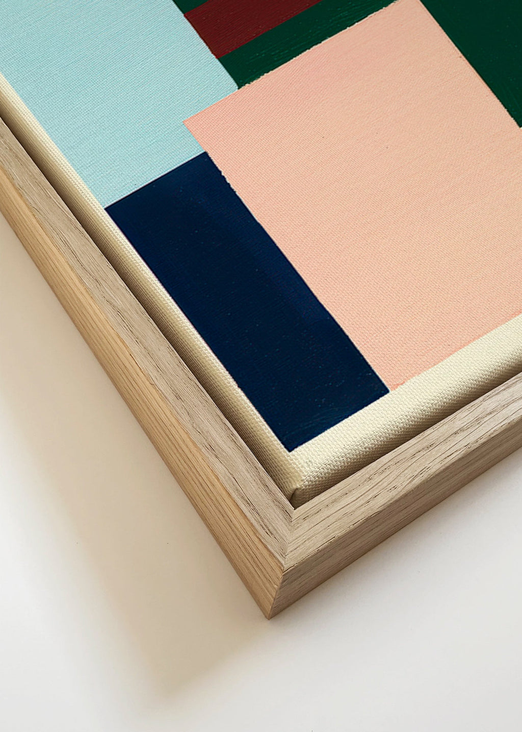 Cuadro geométrico: bloques pastel y verde profundo – Canvas detail