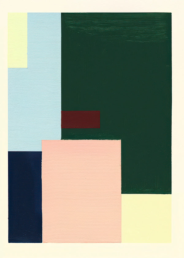 Cuadro geométrico: bloques pastel y verde profundo
