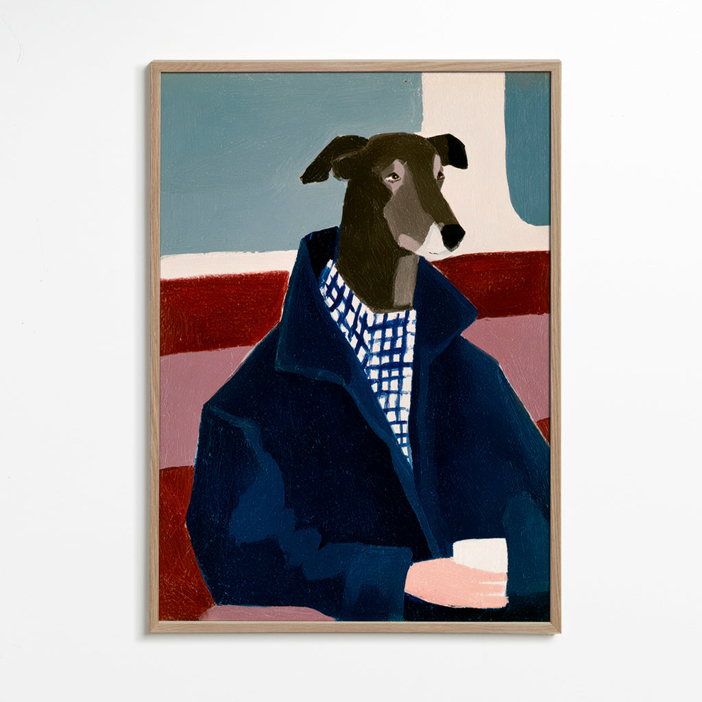 Cuadro galgo con abrigo azul – Oak Frame