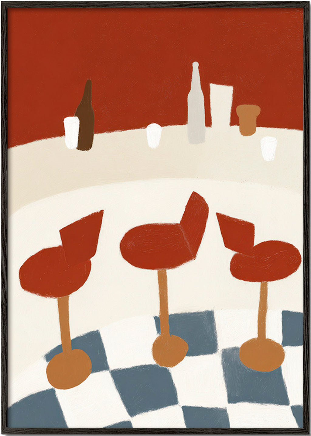 Cuadro de cocina con taburetes rojos y suelo a cuadros – Black Frame