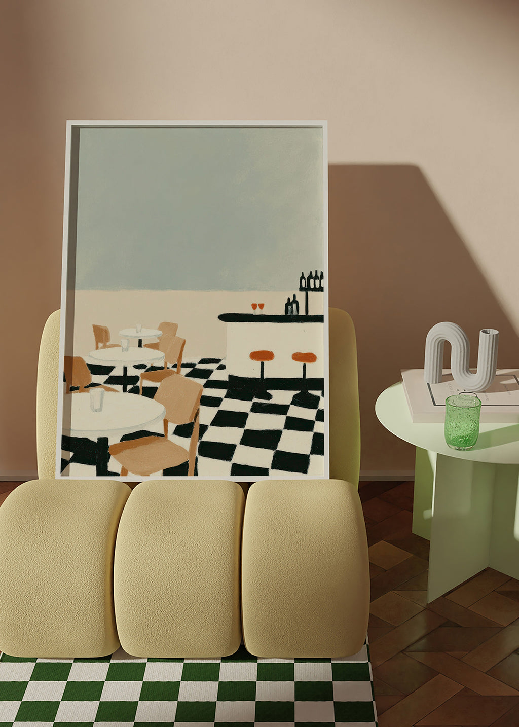 Cuadro de cocina con suelo ajedrezado y barra minimalista – Product2