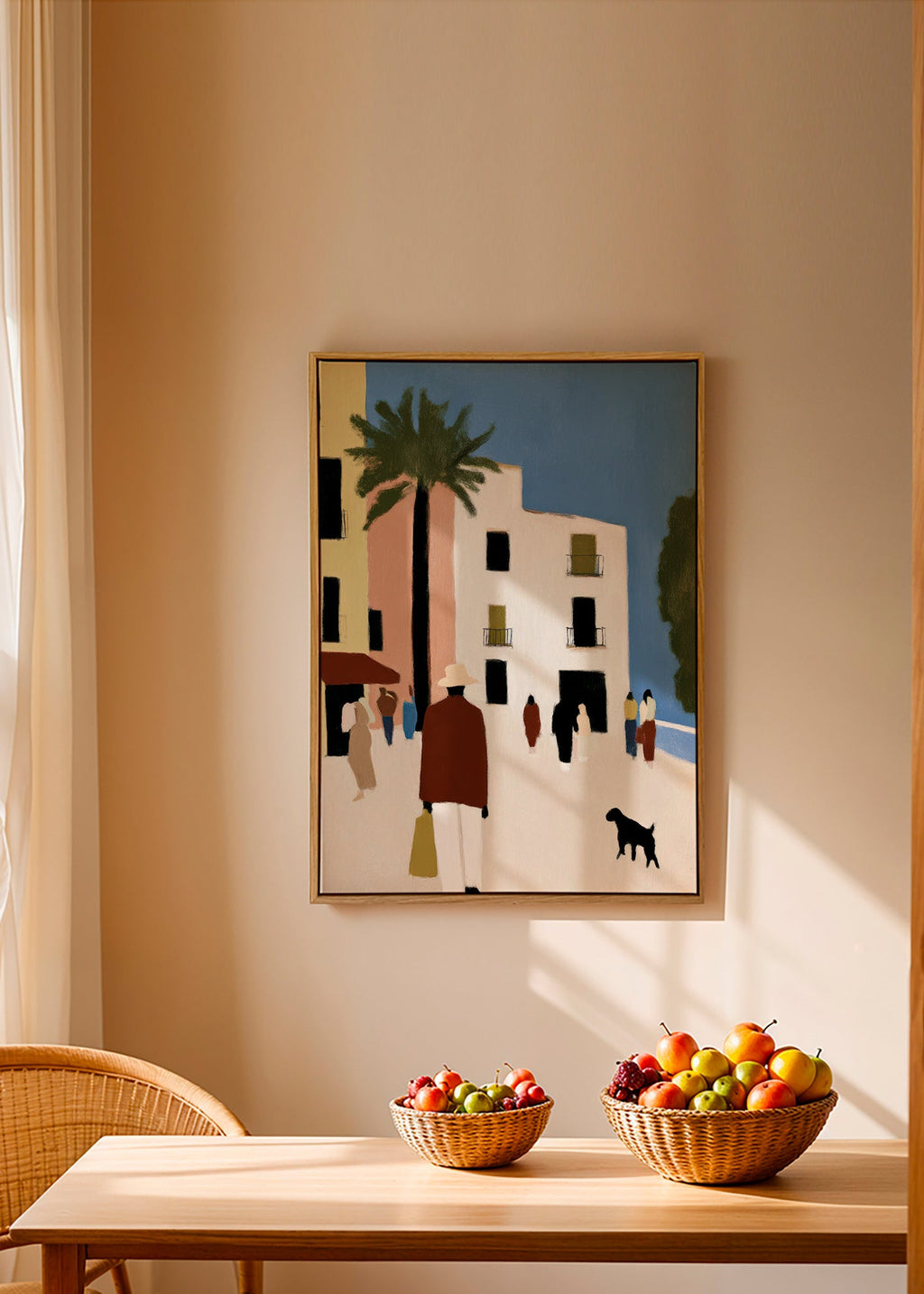 Cuadro de ciudades con paseo mediterráneo y palmera – Canvas1