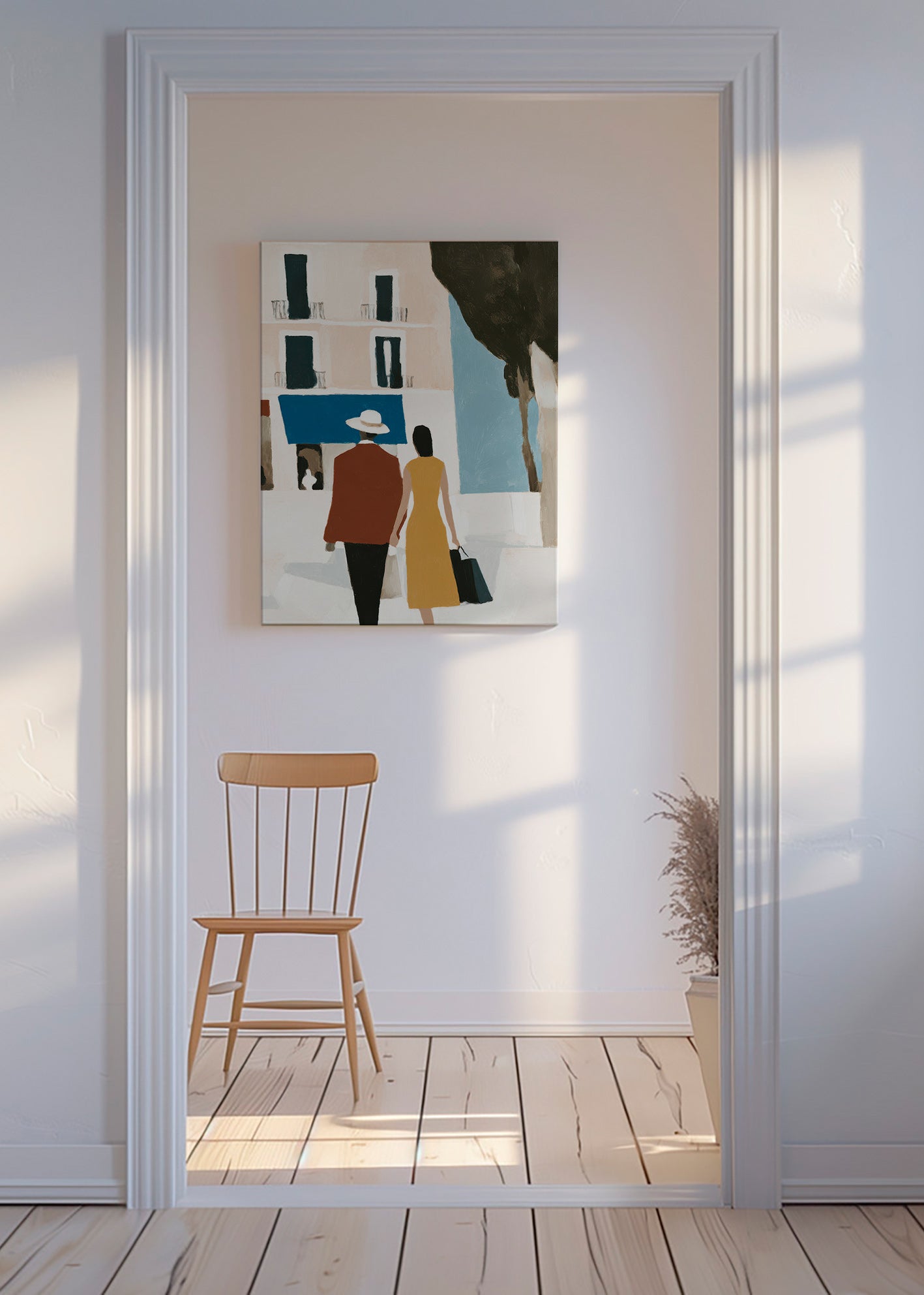 Ilustración de pareja sobre ciudad minimalista – Canvas