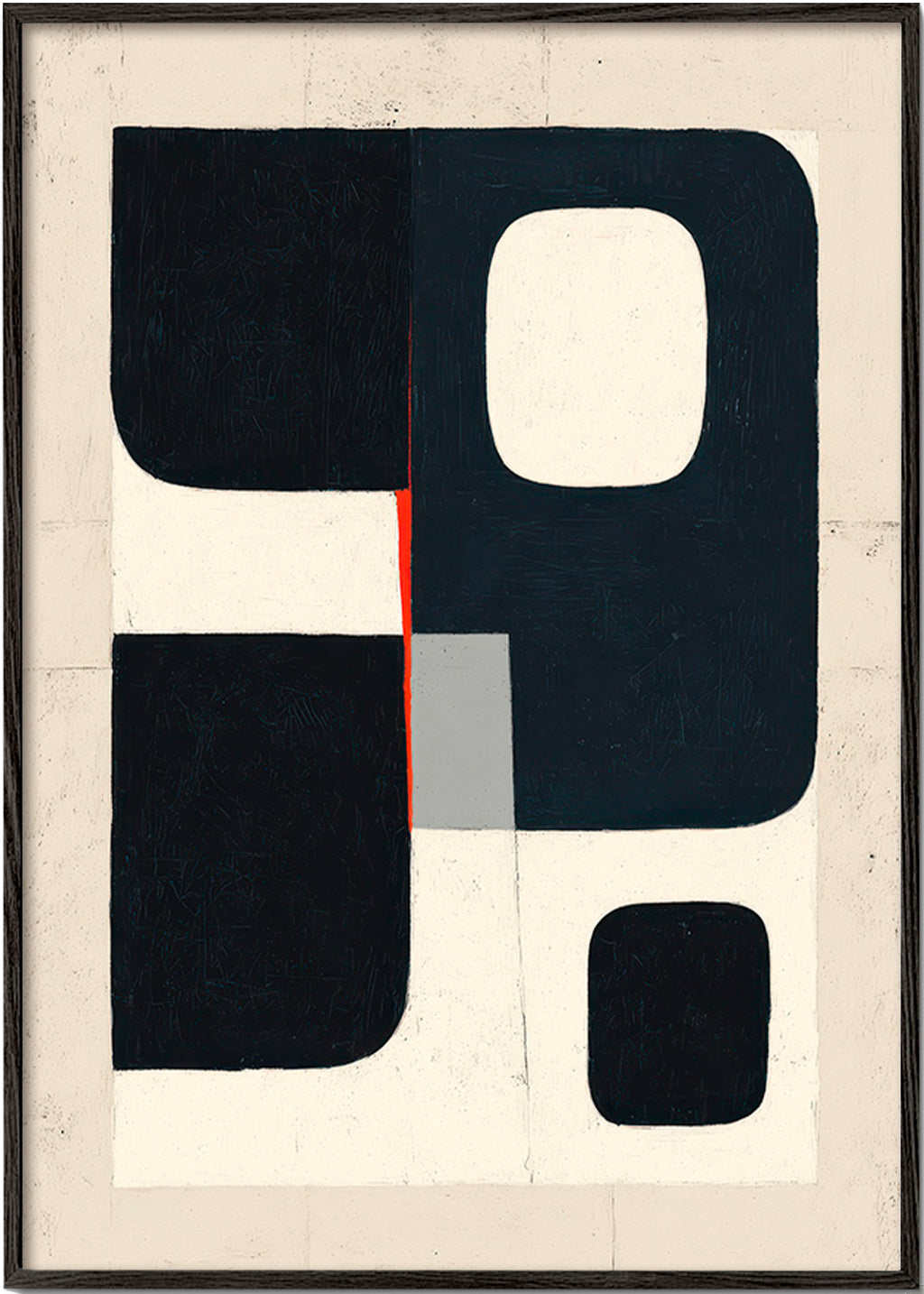 Cuadro geométrico con bloques negros y acento rojo – Black Frame