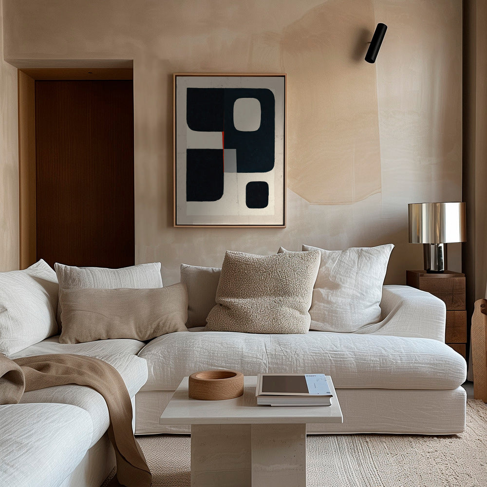 Cuadro geométrico con bloques negros y acento rojo – Canvas2