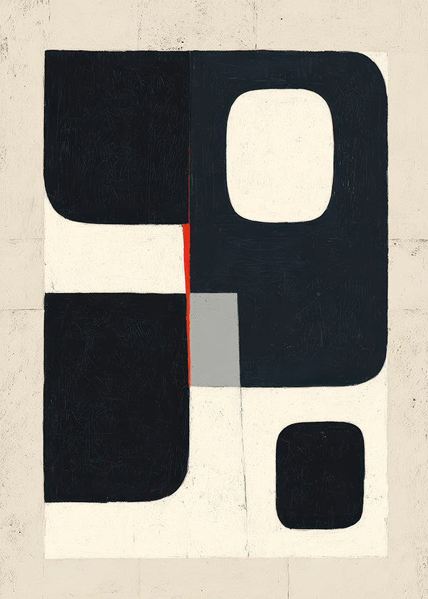 Cuadro geométrico con bloques negros y acento rojo
