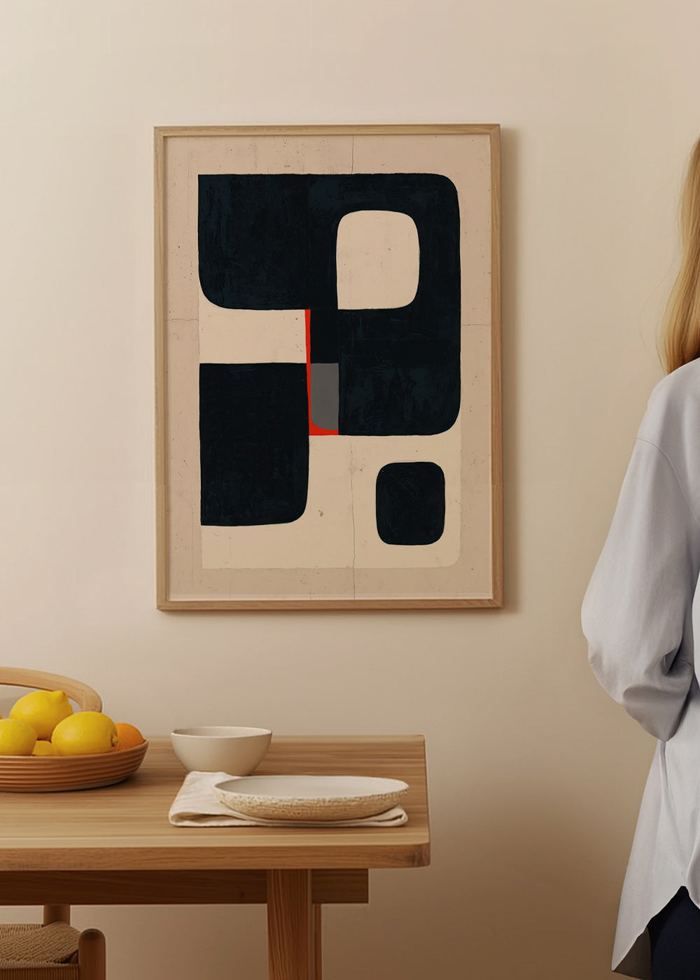 Cuadro geométrico con bloques negros y detalle rojo – Product3