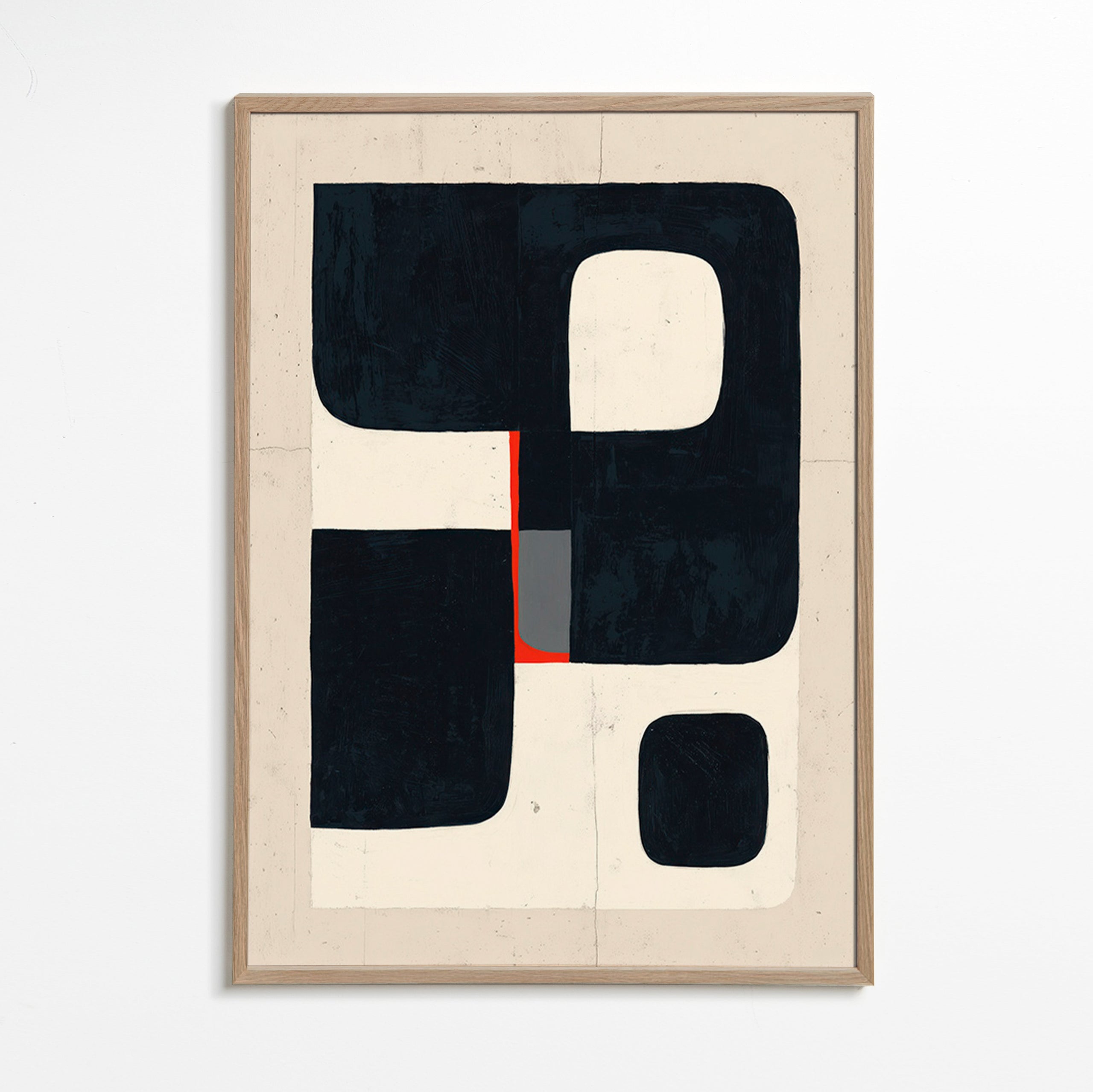 Cuadro geométrico con bloques negros y detalle rojo – Oak Frame
