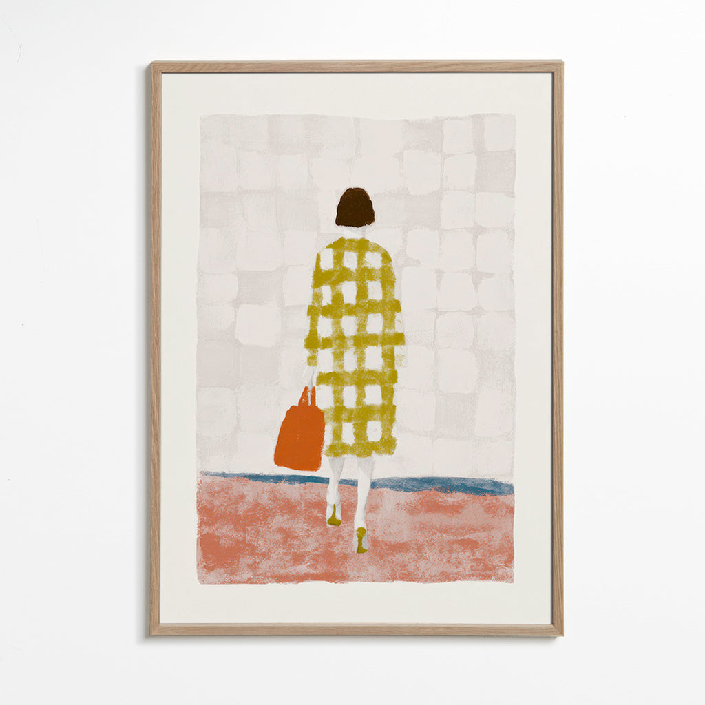 Ilustración de mujer de espaldas con abrigo a cuadros – Oak Frame