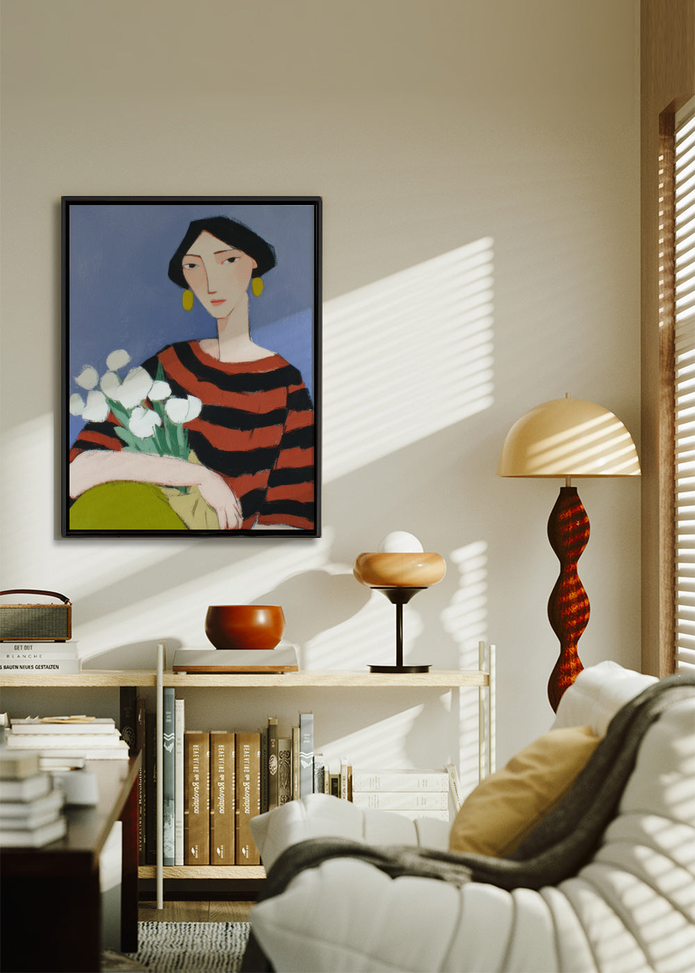 Portrait with White Tulips - Framed canvas in an interior