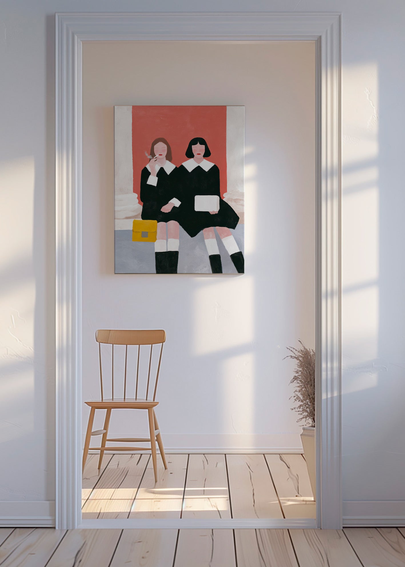 Ilustración de dos figuras sentadas estilo retro – Canvas