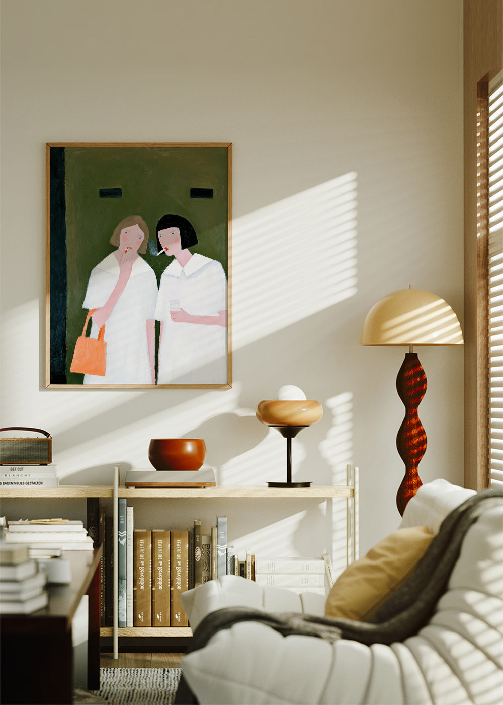 Ilustración de dos figuras fumando en tonos suaves – Product2