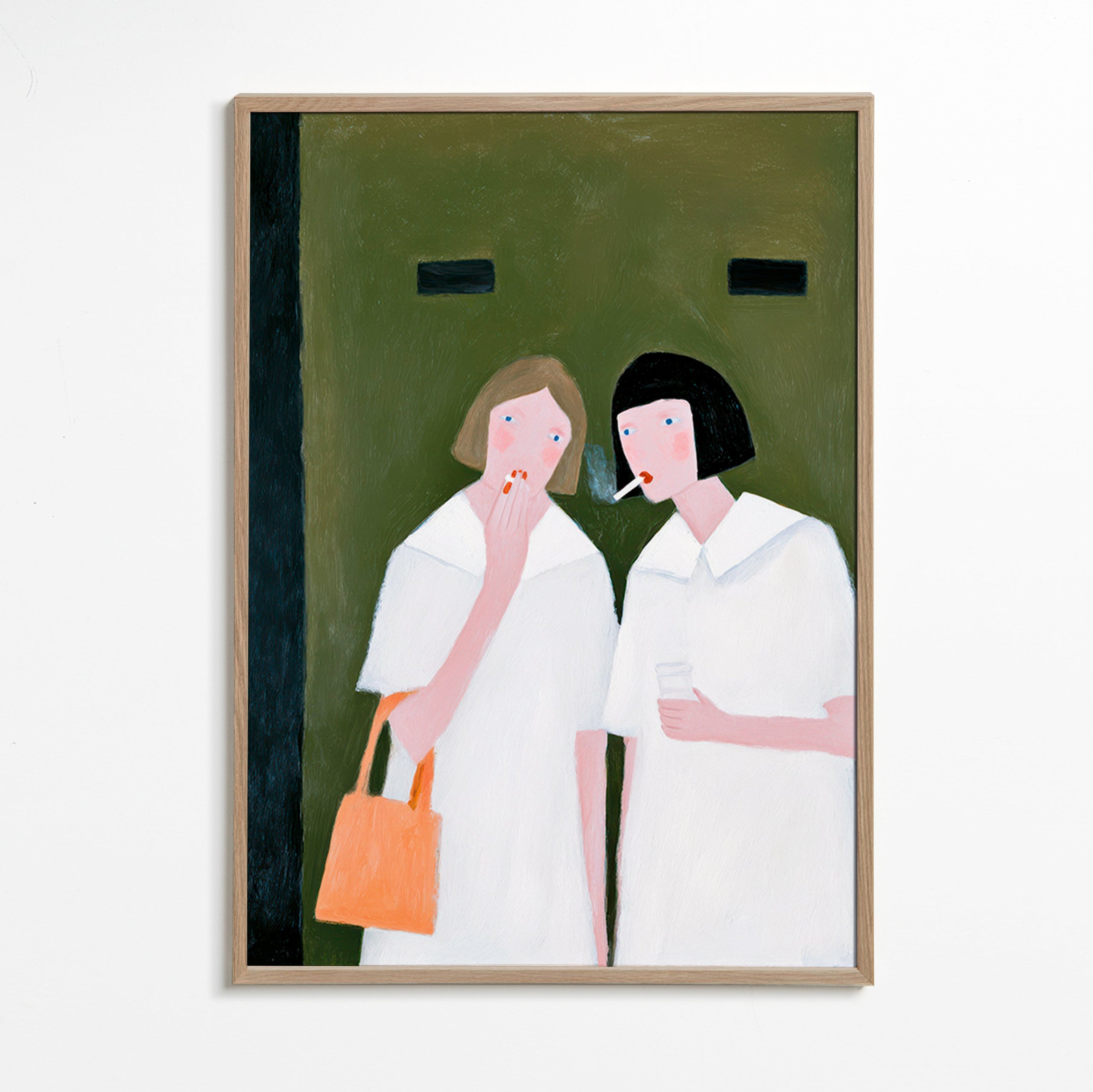 Ilustración de dos figuras fumando en tonos suaves – Oak Frame