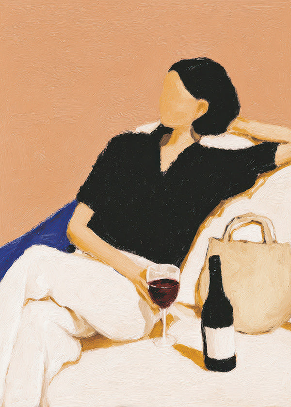 Cuadro de cocina con figura relajada y copa de vino