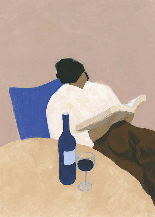 Cuadro de cocina con lectora y copa de vino