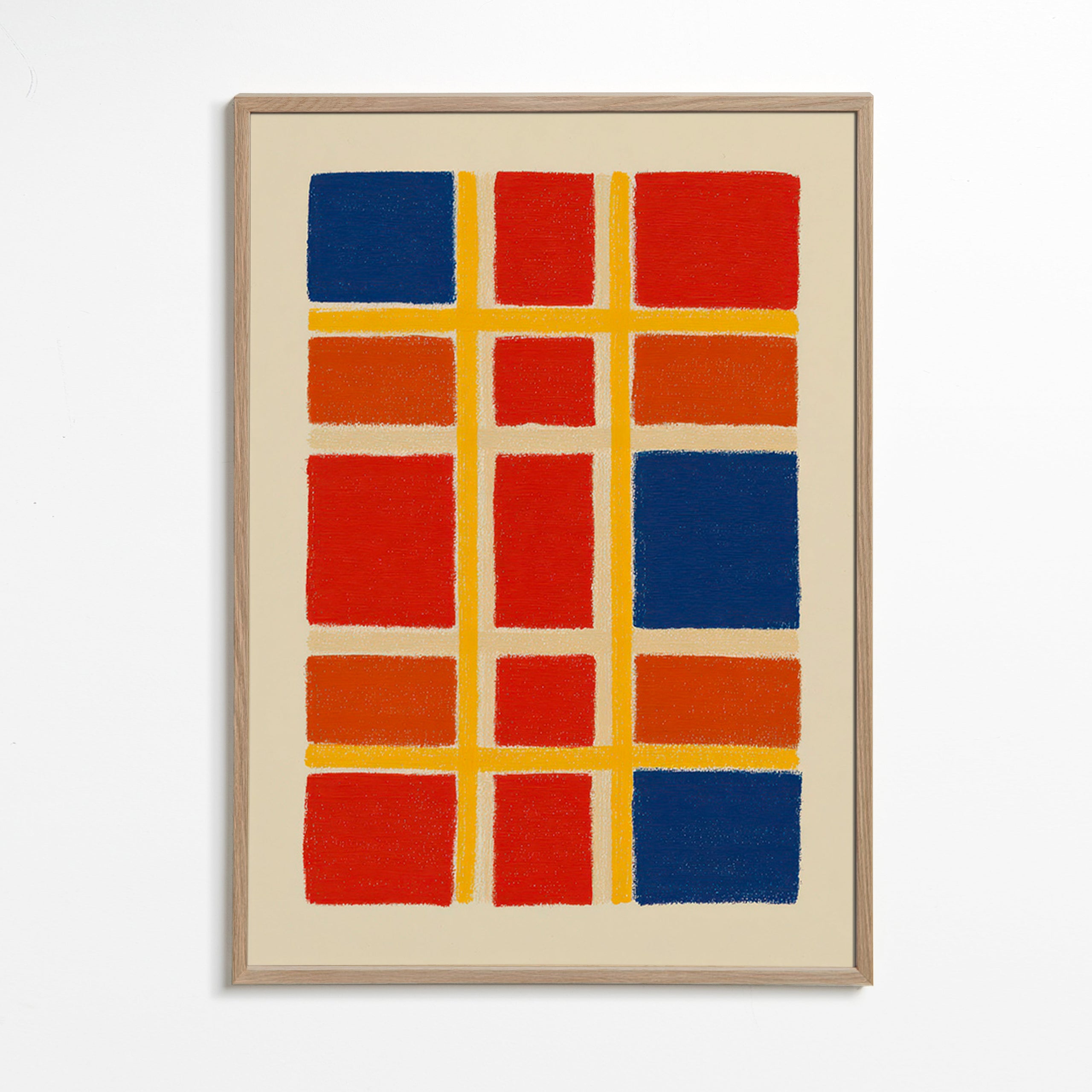 Cuadro geométrico rejilla de bloques rojo y azul – Oak Frame