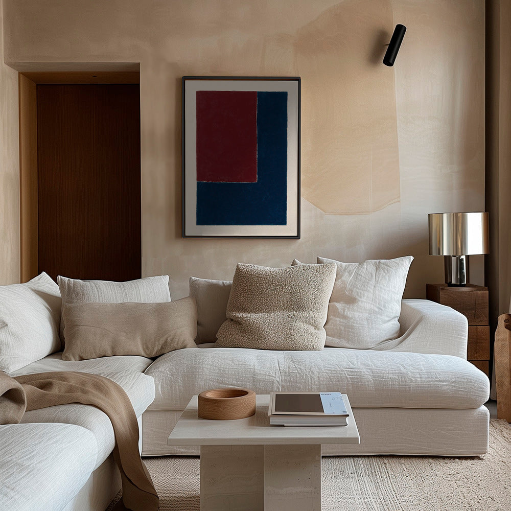 Cuadro geométrico con bloques burdeos y azul – Canvas2