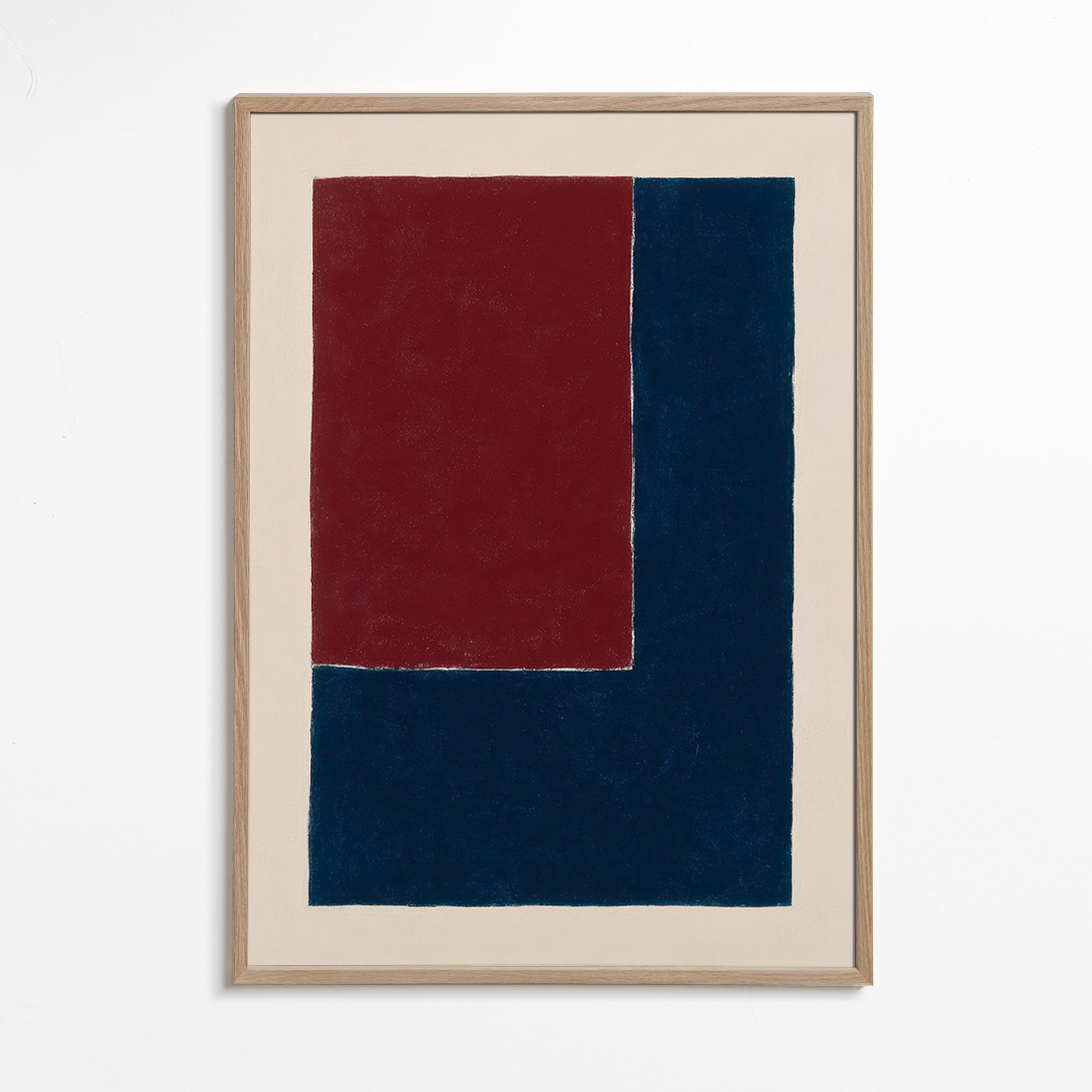 Cuadro geométrico con bloques burdeos y azul – Oak Frame