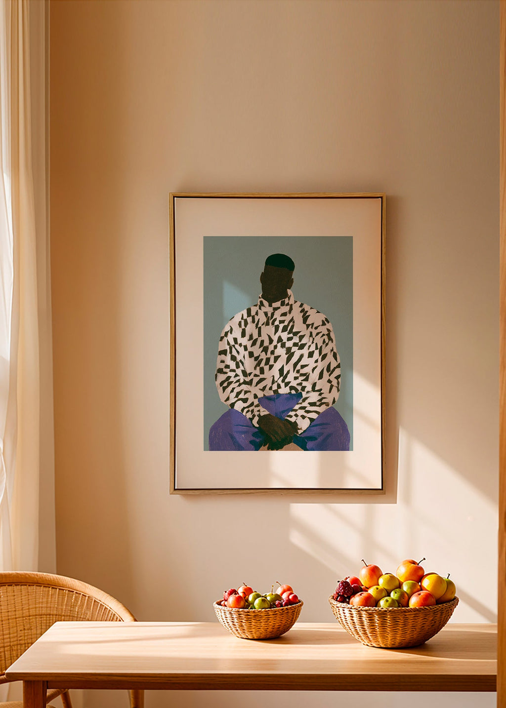 Ilustración figura con camiseta estampada y pantalón morado – Canvas1