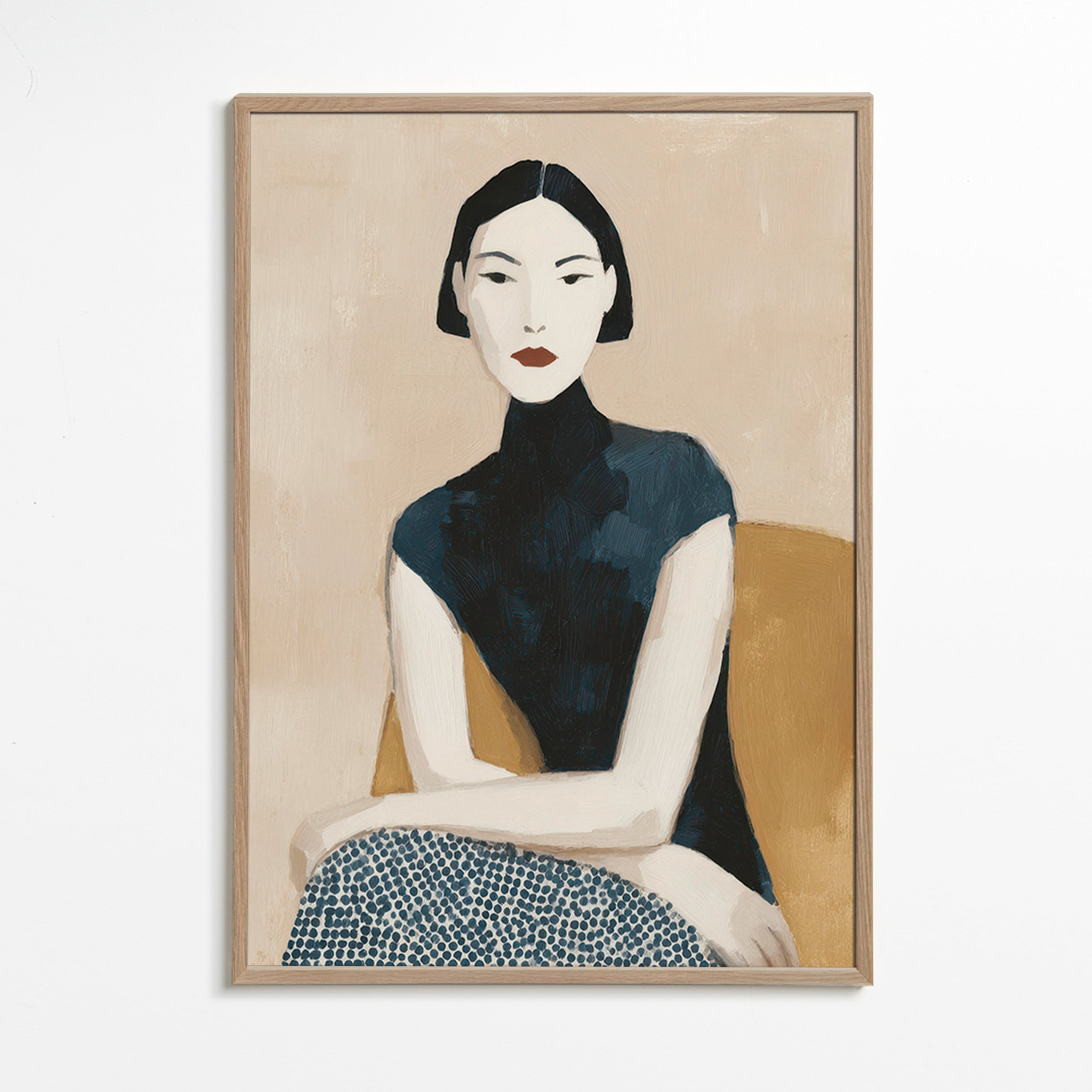 Ilustración femenina con cuello alto y gesto sereno – Oak Frame