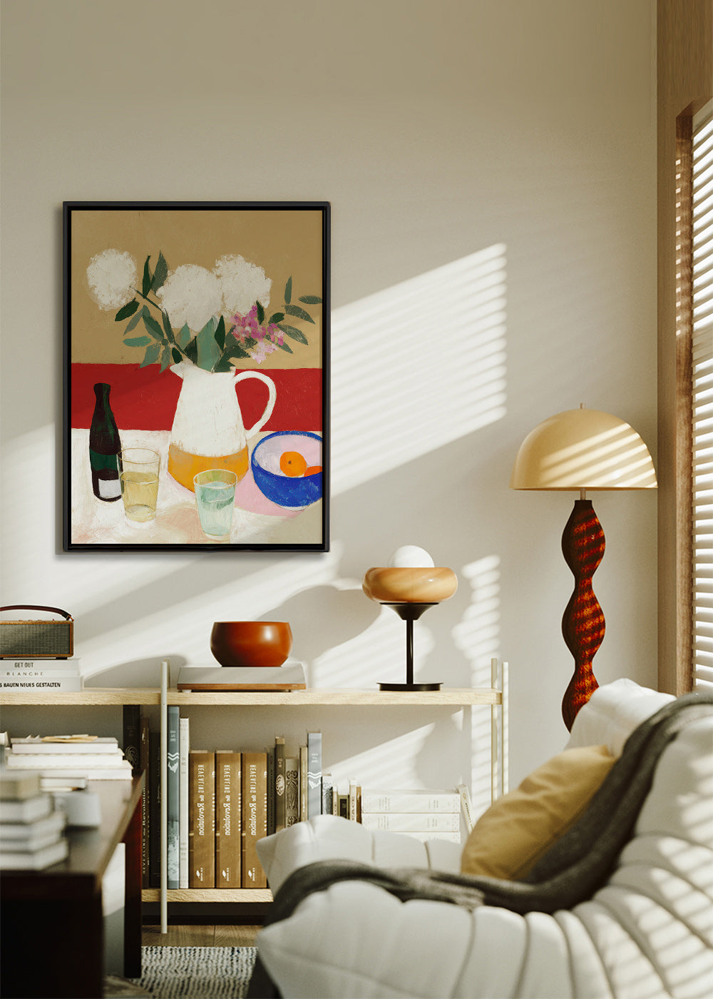 Lámina botánica con jarrón y flores blancas – Canvas1