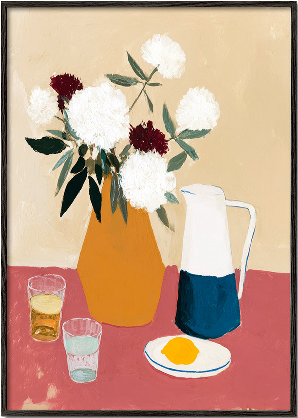 Lámina botánica con jarrón y flores blancas – Black Frame