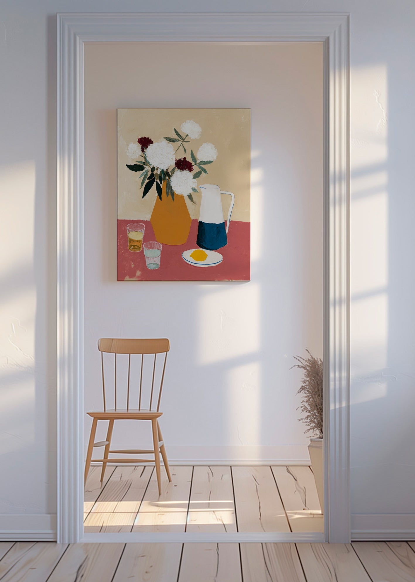 Lámina botánica con jarrón y flores blancas – Canvas