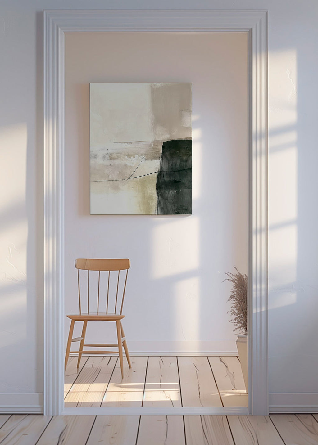 Cuadro abstracto con bloque oscuro y trazos suaves – Canvas