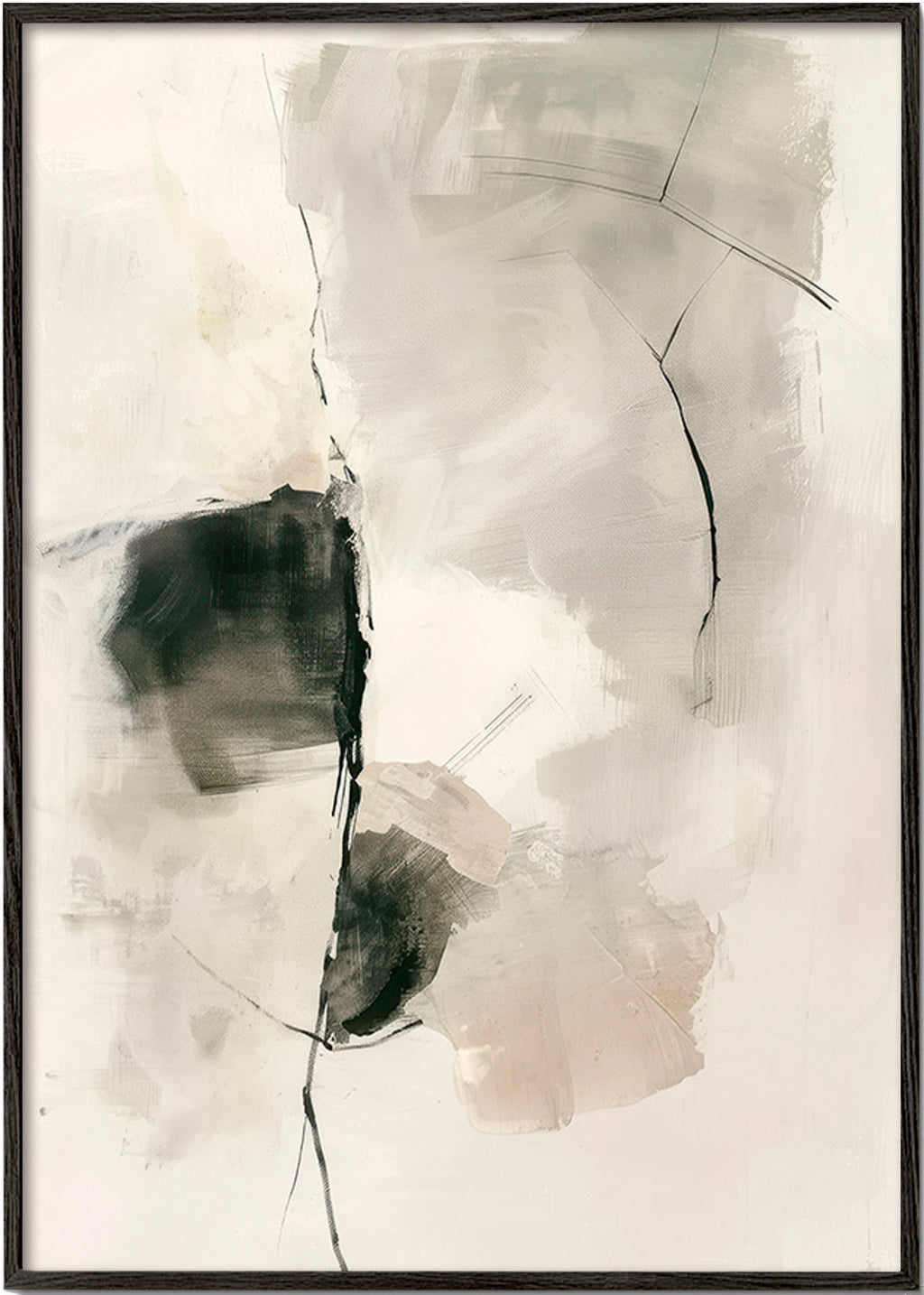 Cuadro abstracto de trazos neutros y manchas verticales – Black Frame