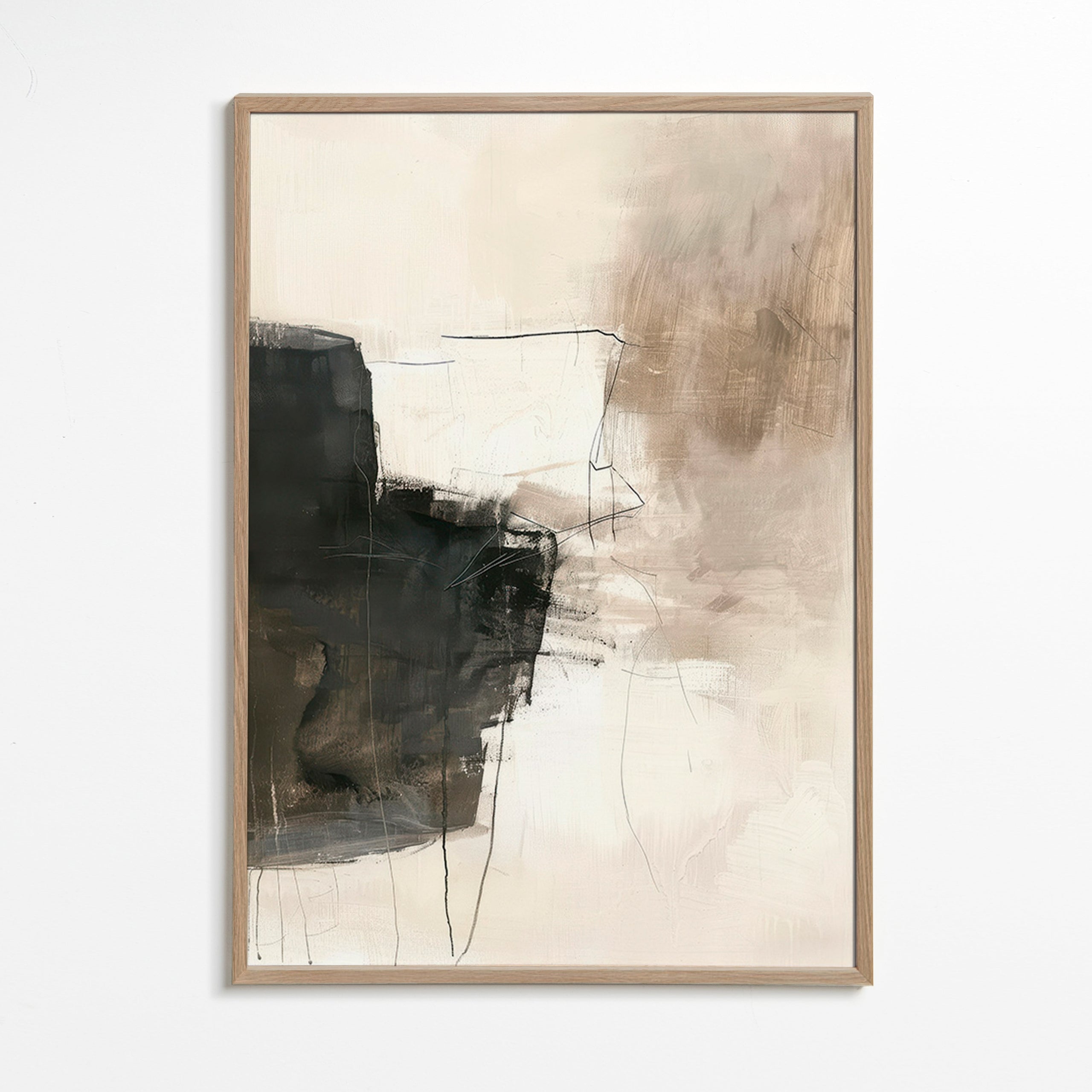 Cuadro abstracto neutro con bloque oscuro – Oak Frame