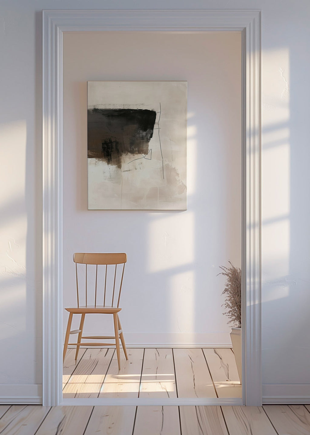 Cuadro abstracto con trazo oscuro sobre fondo beige – Canvas