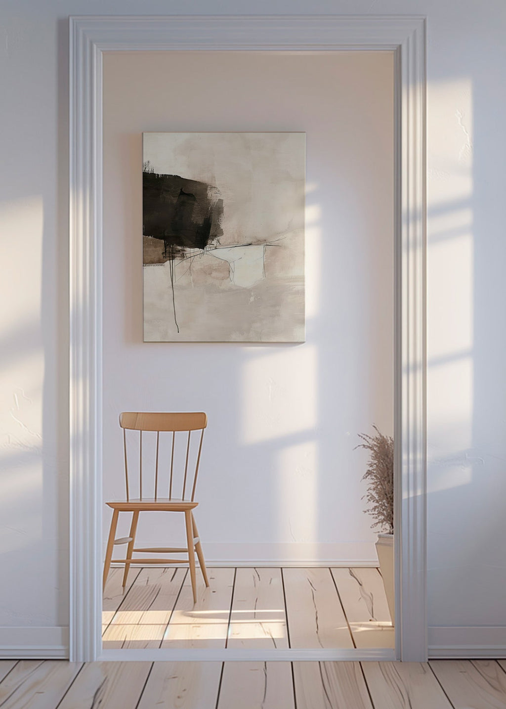 Cuadro abstracto con mancha negra y líneas sutiles – Canvas