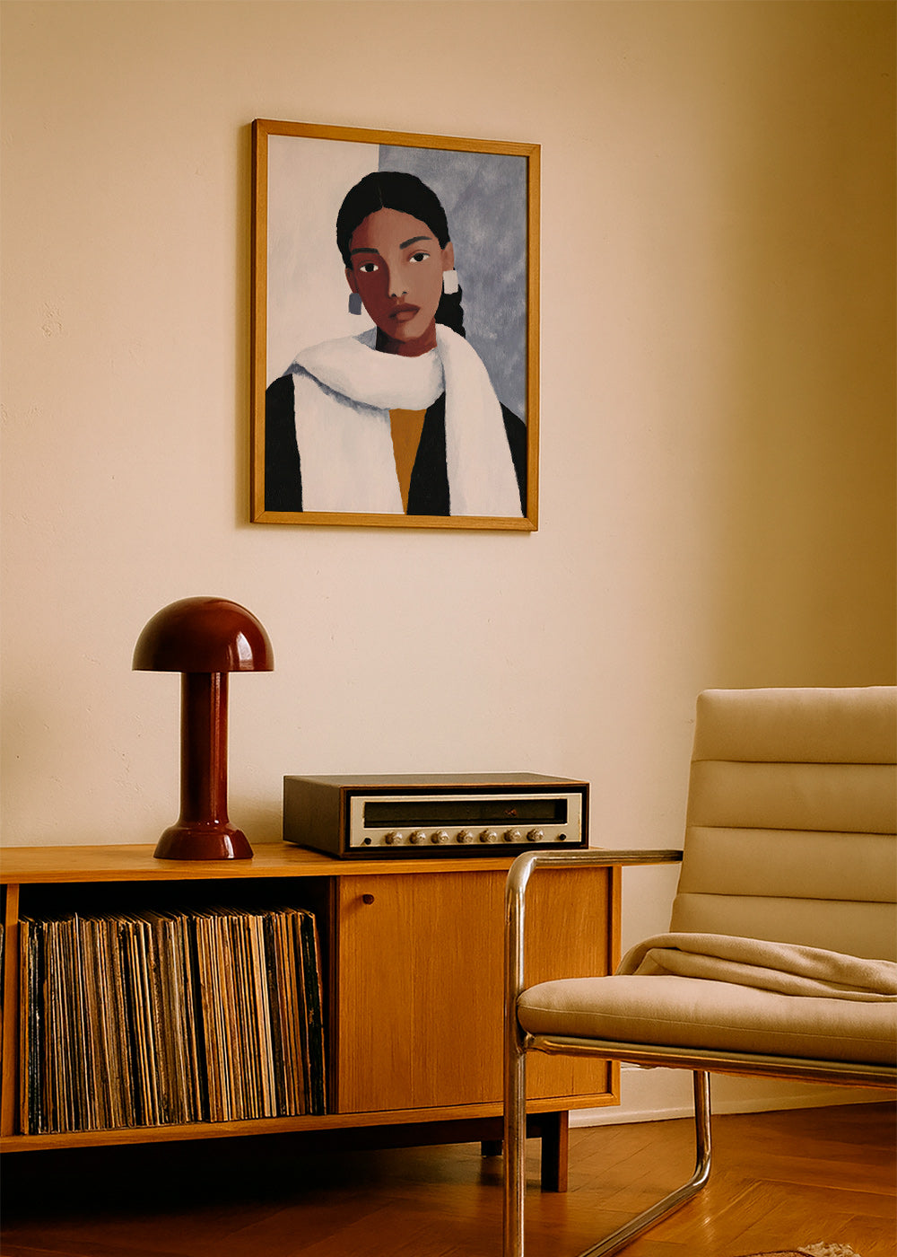 Ilustración de retrato femenino con bufanda blanca – Product1