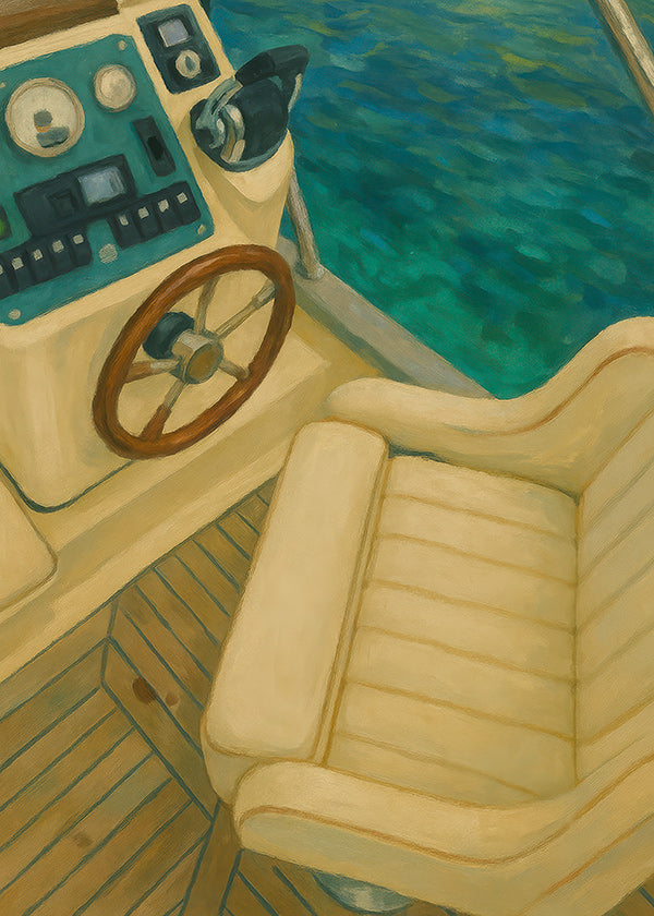 Cuadro de paisaje con timón y mar turquesa