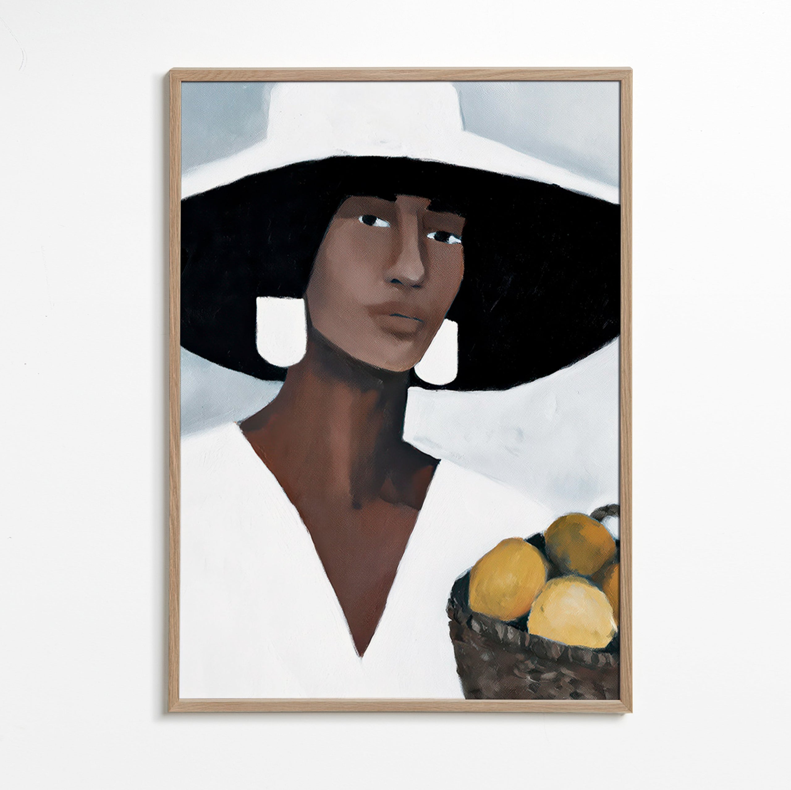 Cuadro de cocina: mujer con sombrero y limones – Oak Frame