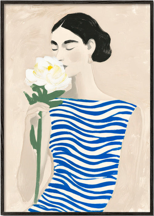Lámina botánica: mujer con flor y rayas azules – Black Frame