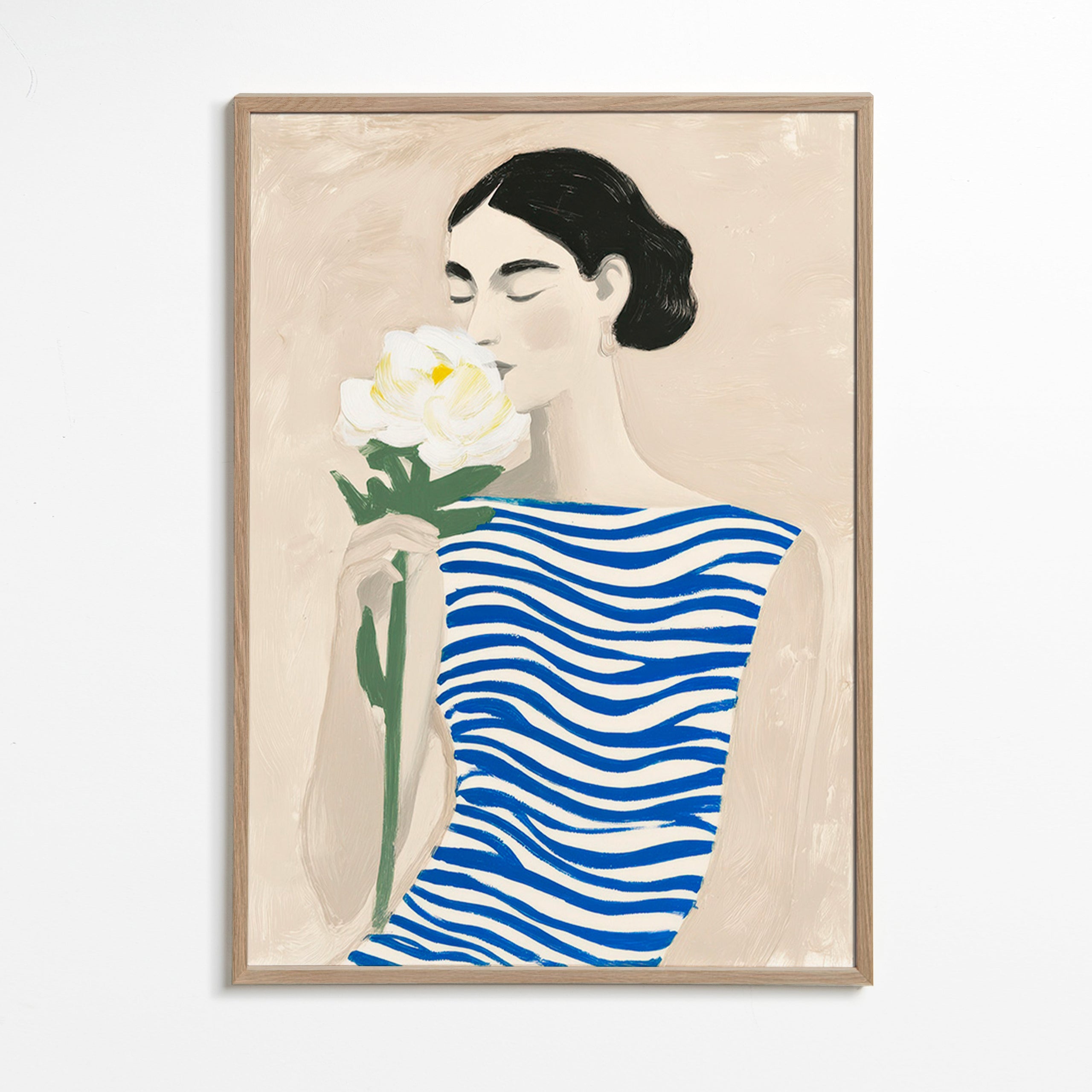 Lámina botánica: mujer con flor y rayas azules – Oak Frame