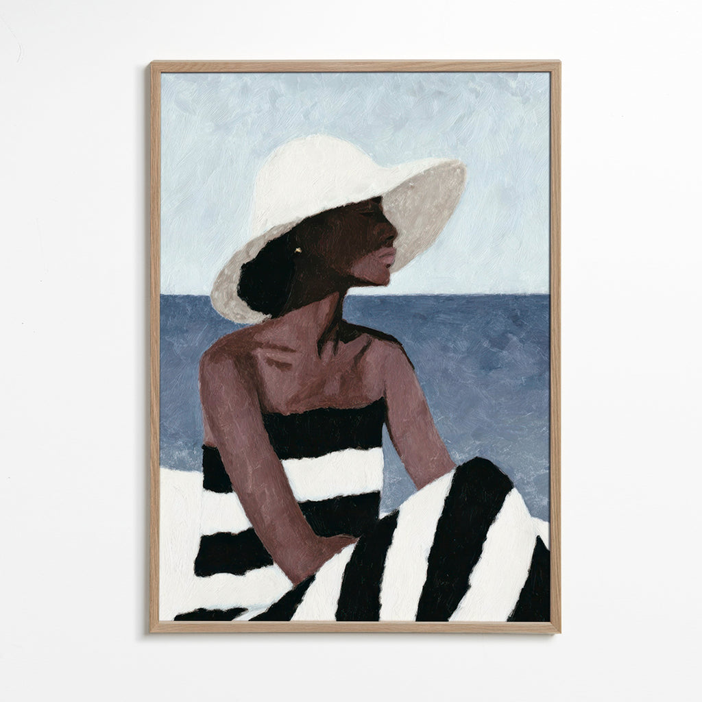 Cuadro de paisaje con mujer y sombrero – Oak Frame