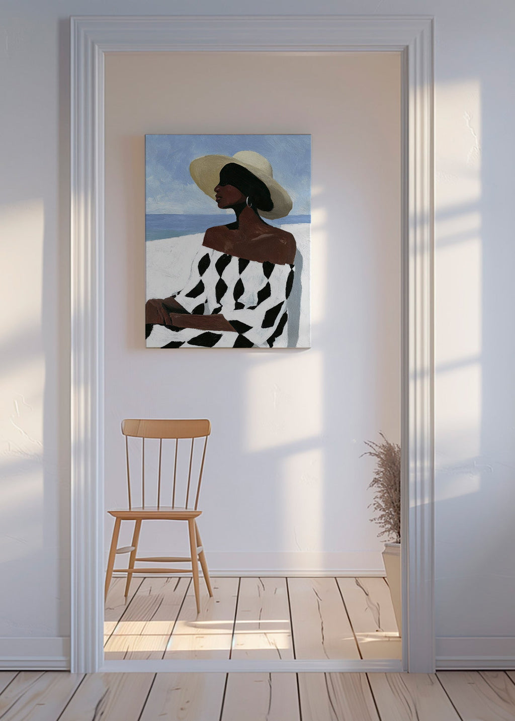 Ilustración de mujer junto al mar con vestido geométrico – Canvas