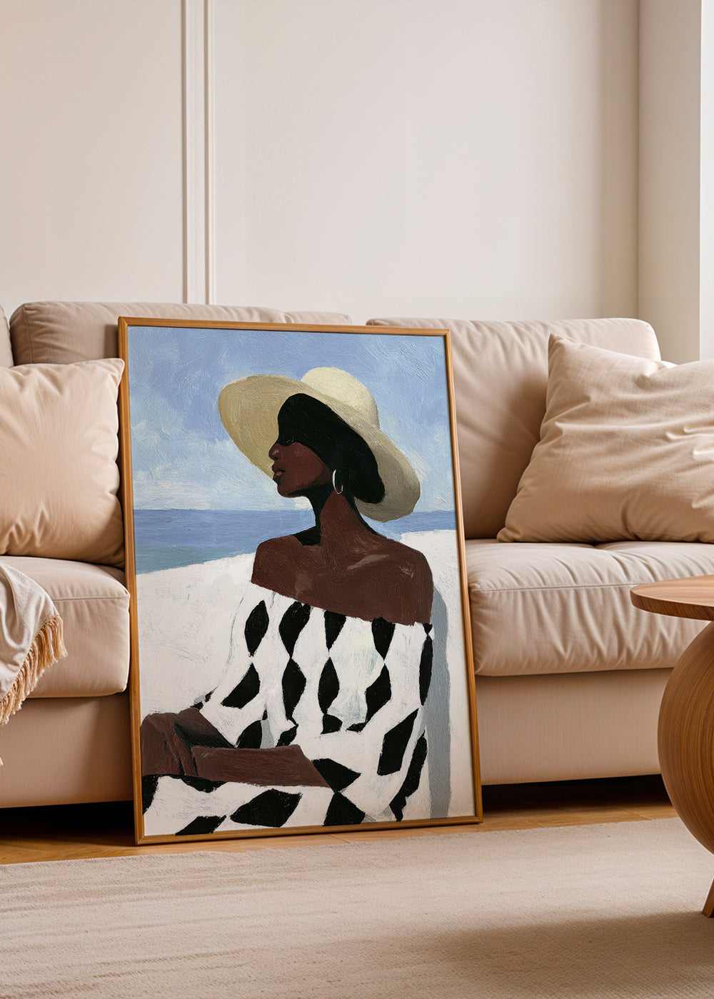 Ilustración de mujer junto al mar con vestido geométrico – Product1