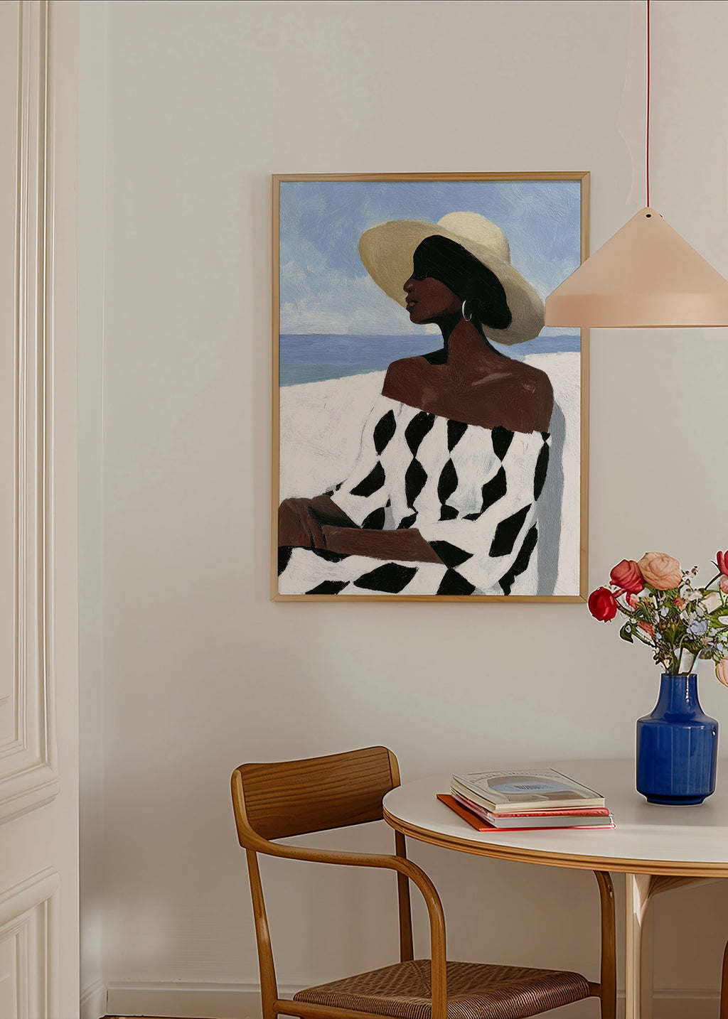 Ilustración de mujer junto al mar con vestido geométrico – Product3